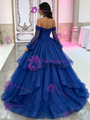 Blue Tulle Long Sleeve Beading Quinceanera Dress