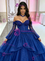 Blue Tulle Long Sleeve Beading Quinceanera Dress
