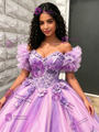 Purple Tulle Off The Shoulde 3D Flower Quinceanera Dress