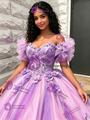 Purple Tulle Off The Shoulde 3D Flower Quinceanera Dress