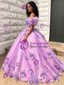 Purple Tulle Off The Shoulde 3D Flower Quinceanera Dress