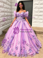 Purple Tulle Off The Shoulde 3D Flower Quinceanera Dress