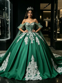 Green Satin Off The Shoulder Appliques Quinceanera Dress