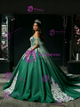 Green Satin Off The Shoulder Appliques Quinceanera Dress