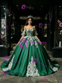 Green Satin Off The Shoulder Appliques Quinceanera Dress