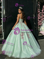 Green Tulle Spaghetti Straps Appliques Quinceanera Dress