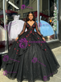 Black Sequins Long Sleeve V-Neck Appliques Quinceanera Dress