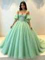 Green Tulle Off the Shoulder Puff Sleeve Beading Quinceanera Dress
