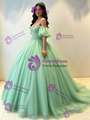 Green Tulle Off the Shoulder Puff Sleeve Beading Quinceanera Dress