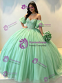 Green Tulle Off the Shoulder Puff Sleeve Beading Quinceanera Dress