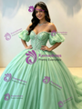 Green Tulle Off the Shoulder Puff Sleeve Beading Quinceanera Dress