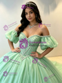 Green Tulle Off the Shoulder Puff Sleeve Beading Quinceanera Dress