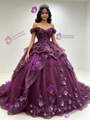 Purple Tulle Off The Shoulder 3D Flower Quinceanera Dress