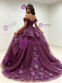 Purple Tulle Off The Shoulder 3D Flower Quinceanera Dress
