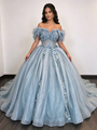 Blue Tulle Off The Shoulder Appliques Quinceanera Dress