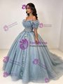 Blue Tulle Off The Shoulder Appliques Quinceanera Dress
