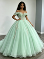 Green Tulle Off the Shoulder Appliques Quinceanera Dress