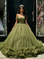 Green Tulle Off the Shoulder Appliques Quinceanera Dress