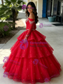 Red Tulle Long Sleeve Tiers Beading Quinceanera Dress