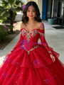 Red Tulle Long Sleeve Tiers Beading Quinceanera Dress