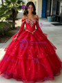 Red Tulle Long Sleeve Tiers Beading Quinceanera Dress