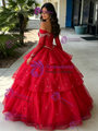 Red Tulle Long Sleeve Tiers Beading Quinceanera Dress