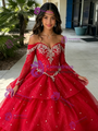 Red Tulle Long Sleeve Tiers Beading Quinceanera Dress