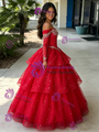 Red Tulle Long Sleeve Tiers Beading Quinceanera Dress