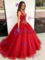 Red Tulle V-neck Beading Quinceanera Dress