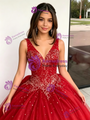 Red Tulle V-neck Beading Quinceanera Dress