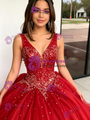 Red Tulle V-neck Beading Quinceanera Dress
