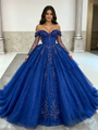 Blue Tulle Long Sleeve Beading Quinceanera Dress