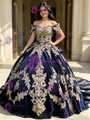 Blue Velvet Off the Shoulder Appliques Quinceanera Dress