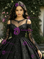 Black Tulle Long Sleeve Beading Quinceanera Dress