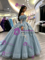 Blue Tulle Straps Appliques Long Sleeve Quinceanera Dress