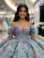 Blue Tulle Straps Appliques Long Sleeve Quinceanera Dress