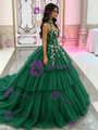 Green Tulle Halter Appliques Quinceanera Dress