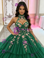 Green Tulle Halter Appliques Quinceanera Dress