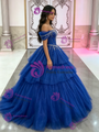 Blue Tulle Sequins Off the Shoulder Beading Quinceanera Dress