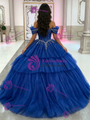 Blue Tulle Sequins Off the Shoulder Beading Quinceanera Dress
