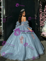 Blue Tulle Appliques Straps Quinceanera Dress