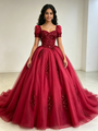 Burgundy Tulle Puff Sleeve Sequins Appliques Quinceanera Dress