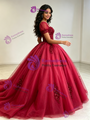 Burgundy Tulle Puff Sleeve Sequins Appliques Quinceanera Dress