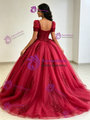 Burgundy Tulle Puff Sleeve Sequins Appliques Quinceanera Dress