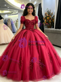 Burgundy Tulle Puff Sleeve Sequins Appliques Quinceanera Dress