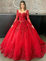 Red Long Sleeve Tulle Appliques Quinceanera Dress