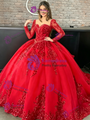 Red Long Sleeve Tulle Appliques Quinceanera Dress