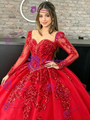 Red Long Sleeve Tulle Appliques Quinceanera Dress