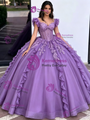 Purple Tulle Straps Lace Appliques Quinceanera Dress