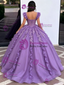 Purple Tulle Straps Lace Appliques Quinceanera Dress
